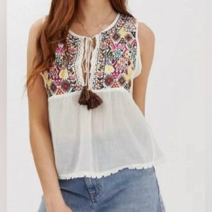 Free People Lohri Embroidered Tassel Top, Size S, White